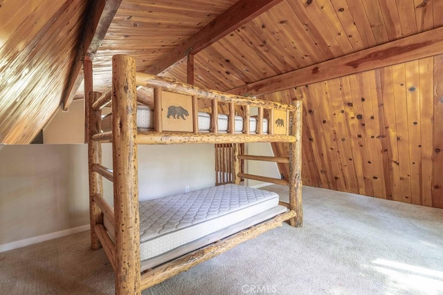 550 Pine Ln, Sugarloaf, CA 92386 - bedroom featuring wooden ceiling, lofted ceiling with beams, wooden walls, and carpet