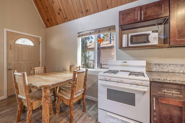 550 Pine Ln, Sugarloaf, CA 92386 - kitchen with baseboards, wooden ceiling, wood finished floors, and white appliances