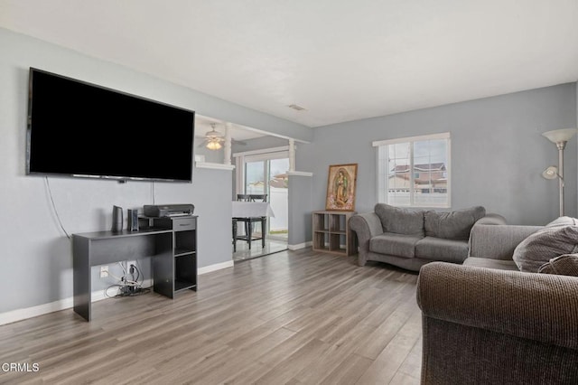 309 W Rosa St, Oxnard, CA 93033 - living room featuring light wood-style floors, a ceiling fan, visible vents, and baseboards