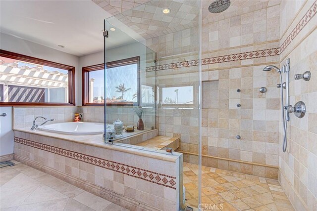 812 8th St, Manhattan Beach, CA 90266 - full bathroom featuring tile patterned floors, a shower stall, a bath, and recessed lighting