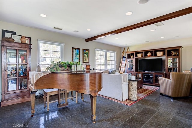 812 8th St, Manhattan Beach, CA 90266 - living area with beam ceiling, visible vents, and recessed lighting