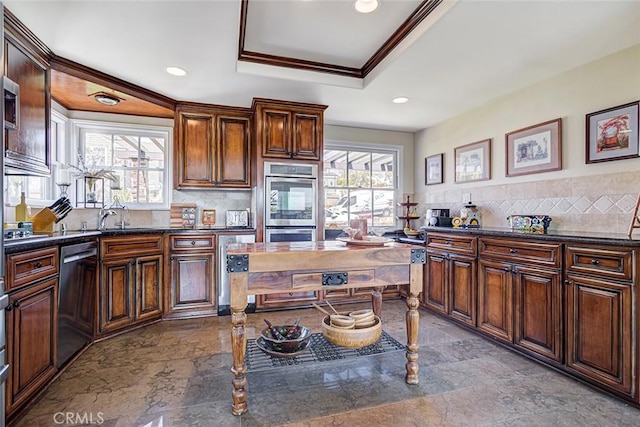 812 8th St, Manhattan Beach, CA 90266 - kitchen featuring recessed lighting, ornamental molding, a sink, decorative backsplash, and appliances with stainless steel finishes