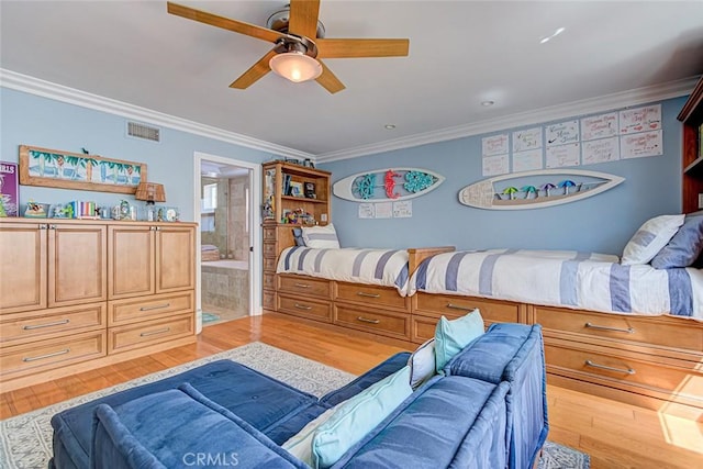 812 8th St, Manhattan Beach, CA 90266 - bedroom featuring connected bathroom, a ceiling fan, light wood-type flooring, visible vents, and ornamental molding