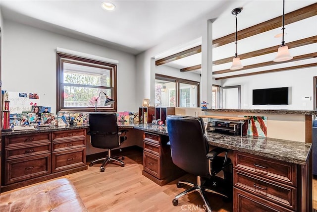 812 8th St, Manhattan Beach, CA 90266 - office with built in desk, beamed ceiling, light wood-type flooring, and recessed lighting