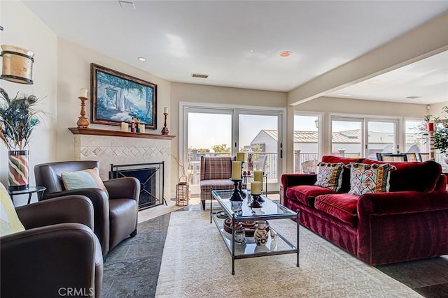 812 8th St, Manhattan Beach, CA 90266 - living area with a fireplace with flush hearth, visible vents, and recessed lighting
