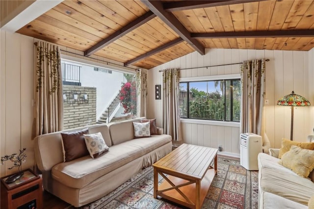 4447 Walnut Ave, Chino, CA 91710 - living room featuring wood ceiling, lofted ceiling with beams, and wood walls