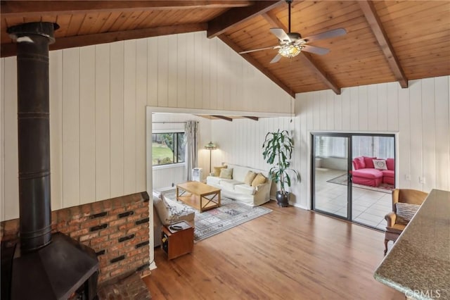 4447 Walnut Ave, Chino, CA 91710 - living room featuring a wood stove, lofted ceiling with beams, a ceiling fan, wood ceiling, and wood finished floors