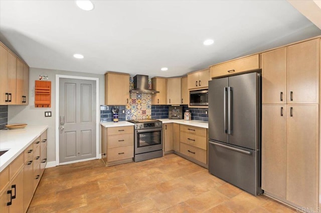 1576 Via Paloma, Escondido, CA 92026 - kitchen with appliances with stainless steel finishes, light brown cabinets, wall chimney range hood, tasteful backsplash, and recessed lighting