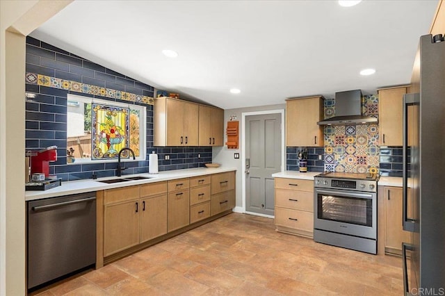 1576 Via Paloma, Escondido, CA 92026 - kitchen with stainless steel appliances, wall chimney exhaust hood, a sink, light countertops, and recessed lighting