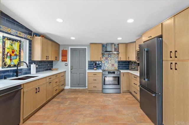 1576 Via Paloma, Escondido, CA 92026 - kitchen with appliances with stainless steel finishes, wall chimney range hood, a sink, light brown cabinets, and light countertops