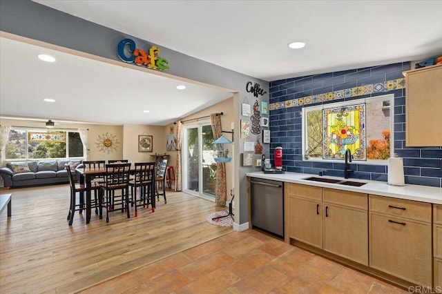 1576 Via Paloma, Escondido, CA 92026 - kitchen featuring dishwasher, a sink, light countertops, decorative backsplash, and recessed lighting