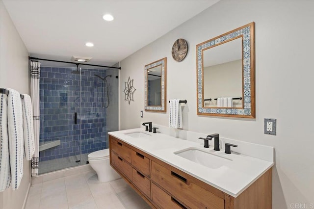 1576 Via Paloma, Escondido, CA 92026 - full bath with a shower stall, double vanity, tile patterned flooring, toilet, and recessed lighting