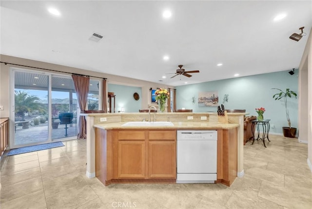 19069 Eldorado Rd, Perris, CA 92570 - kitchen with dishwasher, recessed lighting, a ceiling fan, a kitchen island with sink, and light countertops