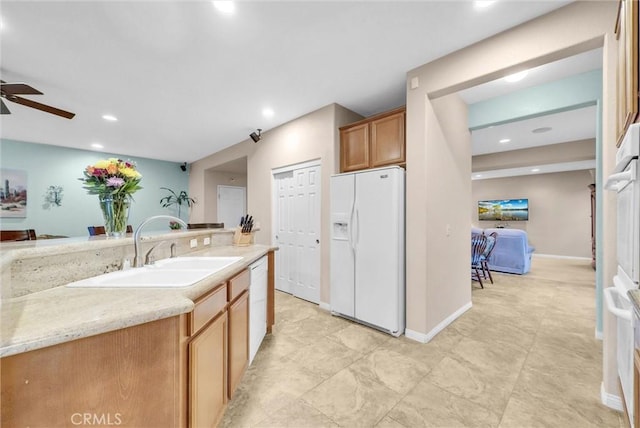 19069 Eldorado Rd, Perris, CA 92570 - kitchen featuring white appliances, ceiling fan, and recessed lighting