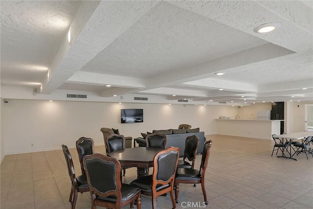 21650 Burbank Blvd Unit 111, Woodland Hills, CA 91367 - dining area with recessed lighting, light tile patterned floors, beam ceiling, visible vents, and a textured ceiling
