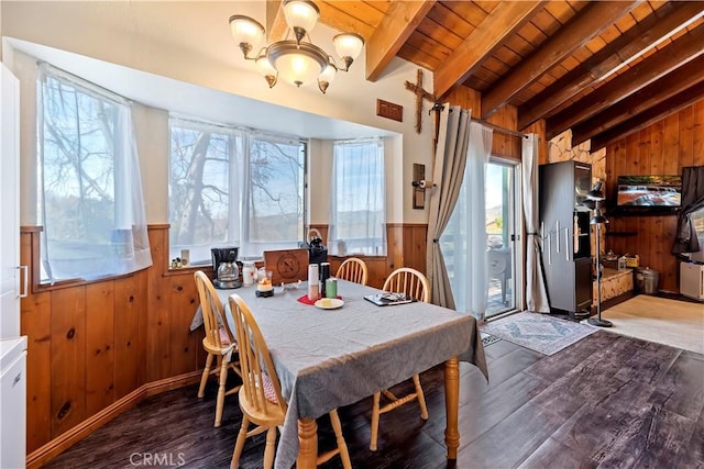 dining space featuring wooden ceiling, wooden walls, wood finished floors, vaulted ceiling with beams, and wainscoting