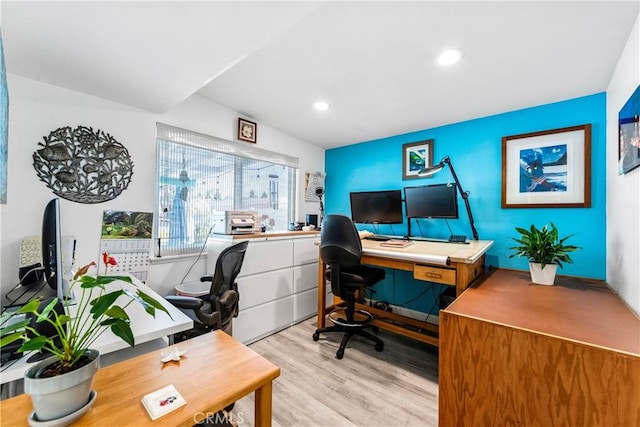 home office featuring recessed lighting and light wood-style flooring