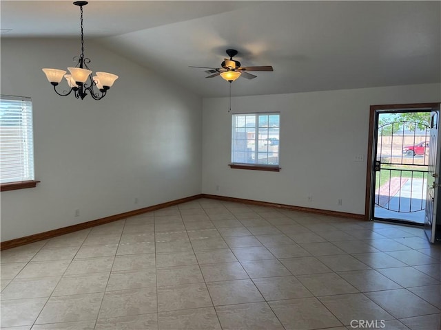 8740 S Loop Blvd, California City, CA 93505 - unfurnished room featuring light tile patterned floors, plenty of natural light, lofted ceiling, and ceiling fan with notable chandelier