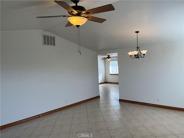 8740 S Loop Blvd, California City, CA 93505 - spare room featuring lofted ceiling, ceiling fan with notable chandelier, baseboards, and visible vents