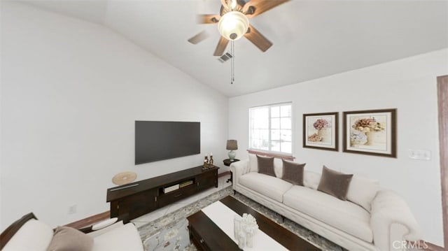 8740 S Loop Blvd, California City, CA 93505 - living area featuring vaulted ceiling, a ceiling fan, and visible vents
