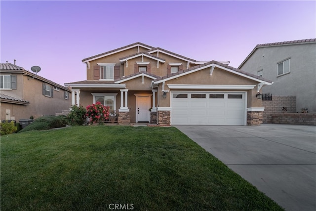 craftsman-style house featuring stone siding, stucco siding, driveway, and an attached garage