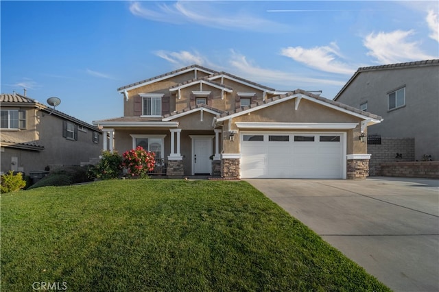 craftsman house with a front lawn, stucco siding, concrete driveway, and stone siding