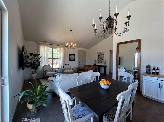 dining area with a notable chandelier, high vaulted ceiling, and visible vents