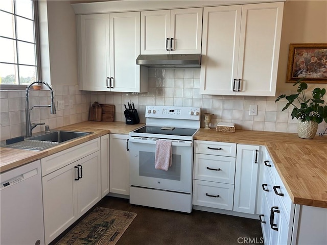 1160 Easy Ln, Nipomo, CA 93444 - kitchen with wood counters, white appliances, under cabinet range hood, a sink, and backsplash