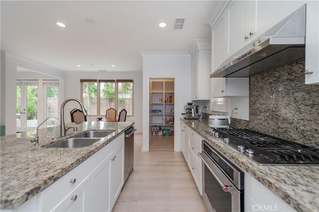 kitchen with visible vents, under cabinet range hood, white cabinets, a sink, and stainless steel appliances