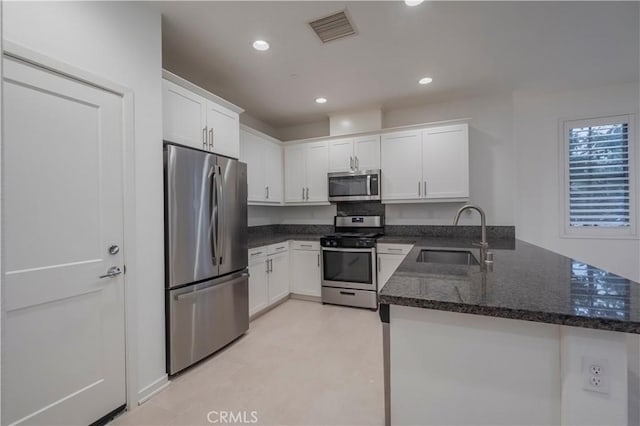 556 W Baseline Rd, Claremont, CA 91711 - kitchen with white cabinetry, a sink, appliances with stainless steel finishes, visible vents, and a peninsula