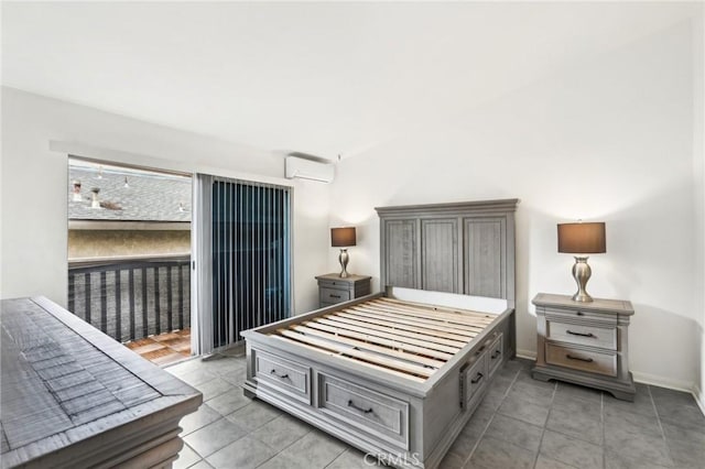 1251 S Meadow Ln Unit 154, Colton, CA 92324 - bedroom with light tile patterned floors, baseboards, access to outside, and an AC wall unit