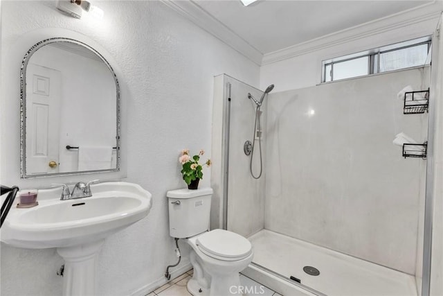 full bath with tile patterned floors, ornamental molding, a stall shower, and toilet
