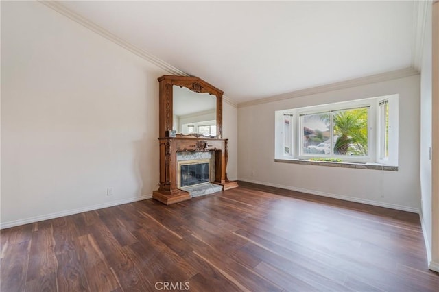 4397 N Skylark Ct, Moorpark, CA 93021 - unfurnished living room with dark wood-type flooring, baseboards, crown molding, and a premium fireplace