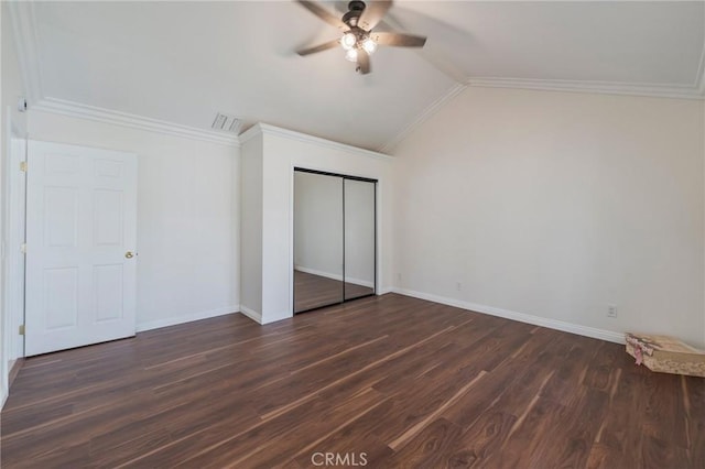 4397 N Skylark Ct, Moorpark, CA 93021 - unfurnished bedroom with a closet, visible vents, lofted ceiling, baseboards, and dark wood-style floors