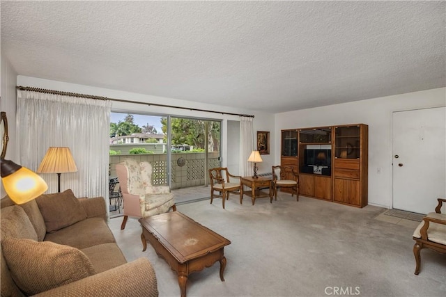 124 Via Estrada Unit D, Laguna Woods, CA 92637 - living room featuring a textured ceiling and carpet flooring