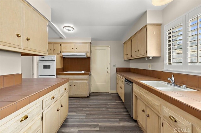 851 Crest Vista Dr, Monterey Park, CA 91754 - kitchen with dark wood-style floors, a sink, tile counters, under cabinet range hood, and stainless steel dishwasher