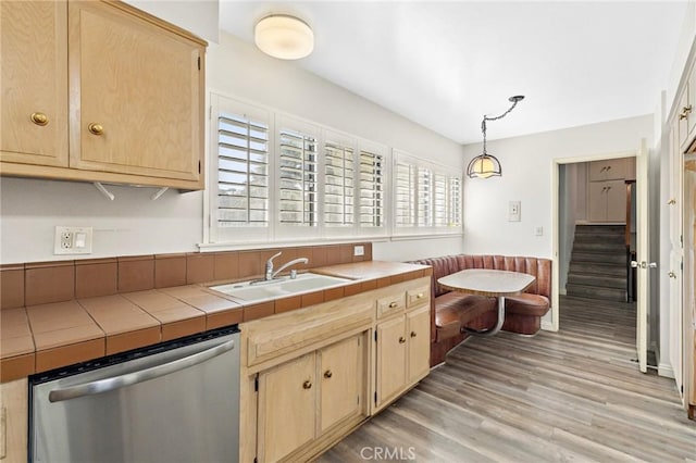 851 Crest Vista Dr, Monterey Park, CA 91754 - kitchen featuring a sink, light brown cabinets, light wood-style floors, tile countertops, and stainless steel dishwasher