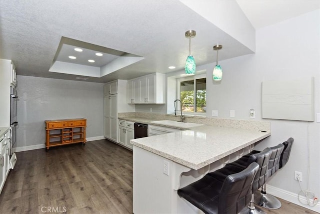 kitchen with dark wood-style flooring, a sink, a raised ceiling, a peninsula, and baseboards