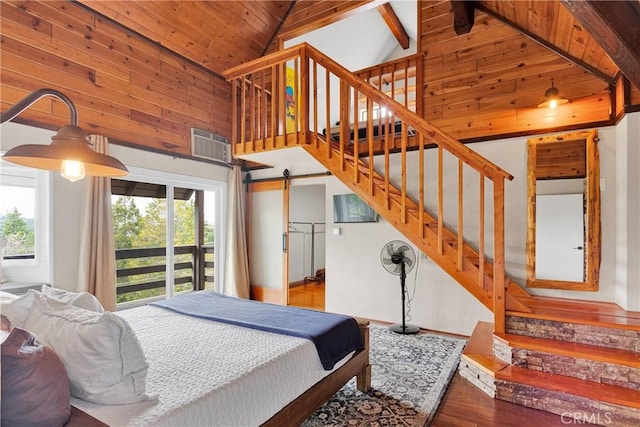 825 Grass Valley Rd, Lake Arrowhead, CA 92352 - bedroom with beamed ceiling, wooden ceiling, high vaulted ceiling, access to exterior, and wood finished floors