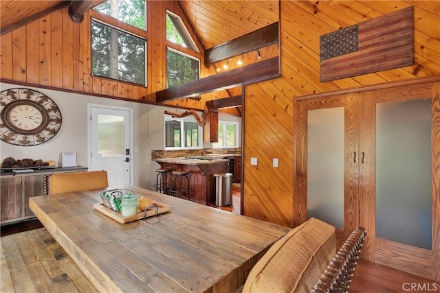 825 Grass Valley Rd, Lake Arrowhead, CA 92352 - dining area featuring wood-type flooring, beamed ceiling, high vaulted ceiling, and wood walls