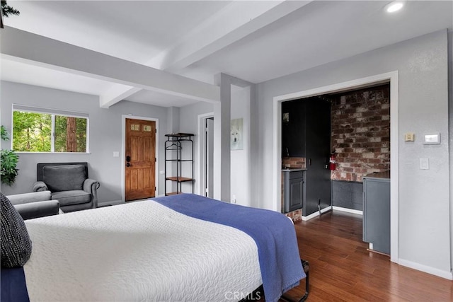 825 Grass Valley Rd, Lake Arrowhead, CA 92352 - bedroom featuring beam ceiling, baseboards, dark wood-type flooring, and recessed lighting