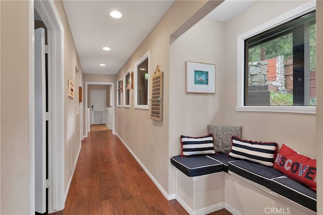 825 Grass Valley Rd, Lake Arrowhead, CA 92352 - hallway featuring recessed lighting, wood finished floors, and baseboards