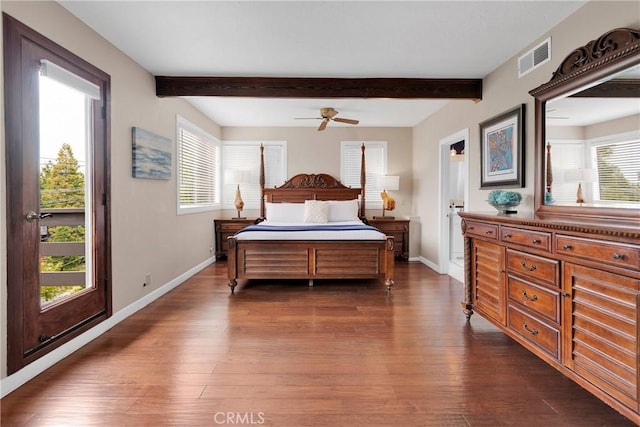 825 Grass Valley Rd, Lake Arrowhead, CA 92352 - bedroom featuring ceiling fan, baseboards, visible vents, beam ceiling, and dark wood-type flooring
