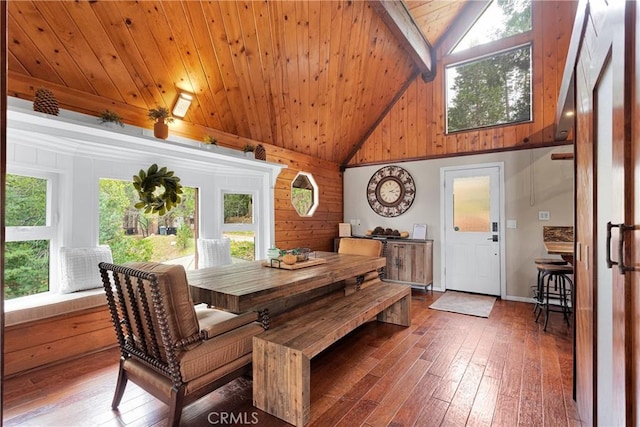 825 Grass Valley Rd, Lake Arrowhead, CA 92352 - dining room with wooden ceiling, high vaulted ceiling, and hardwood / wood-style flooring