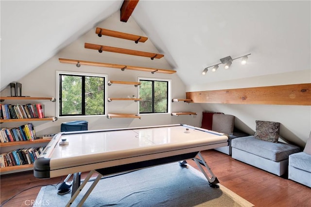 825 Grass Valley Rd, Lake Arrowhead, CA 92352 - playroom with vaulted ceiling with beams, a wealth of natural light, and wood finished floors