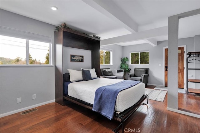 825 Grass Valley Rd, Lake Arrowhead, CA 92352 - bedroom featuring recessed lighting, wood finished floors, beamed ceiling, baseboards, and visible vents