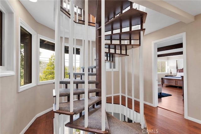 825 Grass Valley Rd, Lake Arrowhead, CA 92352 - stairway with wood finished floors and baseboards