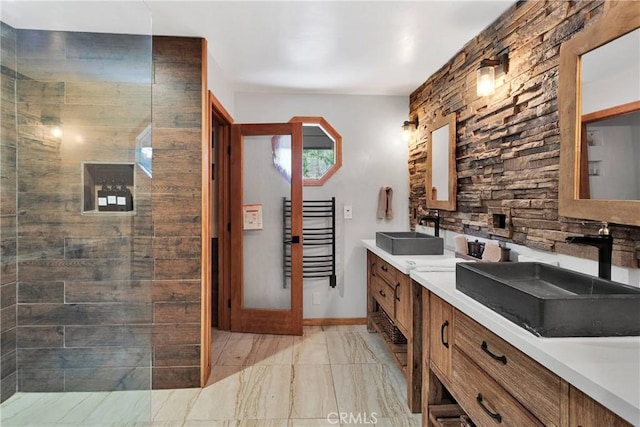 825 Grass Valley Rd, Lake Arrowhead, CA 92352 - full bath with double vanity, a walk in shower, marble finish floor, and a sink