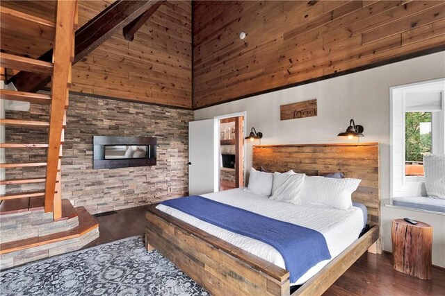 825 Grass Valley Rd, Lake Arrowhead, CA 92352 - bedroom featuring high vaulted ceiling, beam ceiling, and wood finished floors