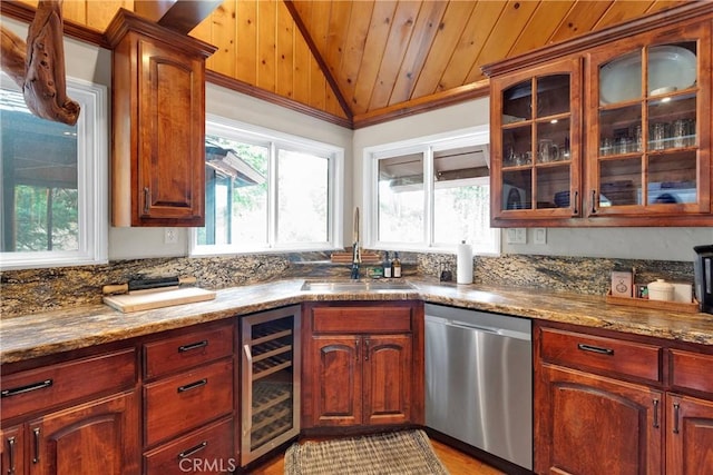825 Grass Valley Rd, Lake Arrowhead, CA 92352 - kitchen featuring stainless steel dishwasher, a sink, beverage cooler, wooden ceiling, and vaulted ceiling